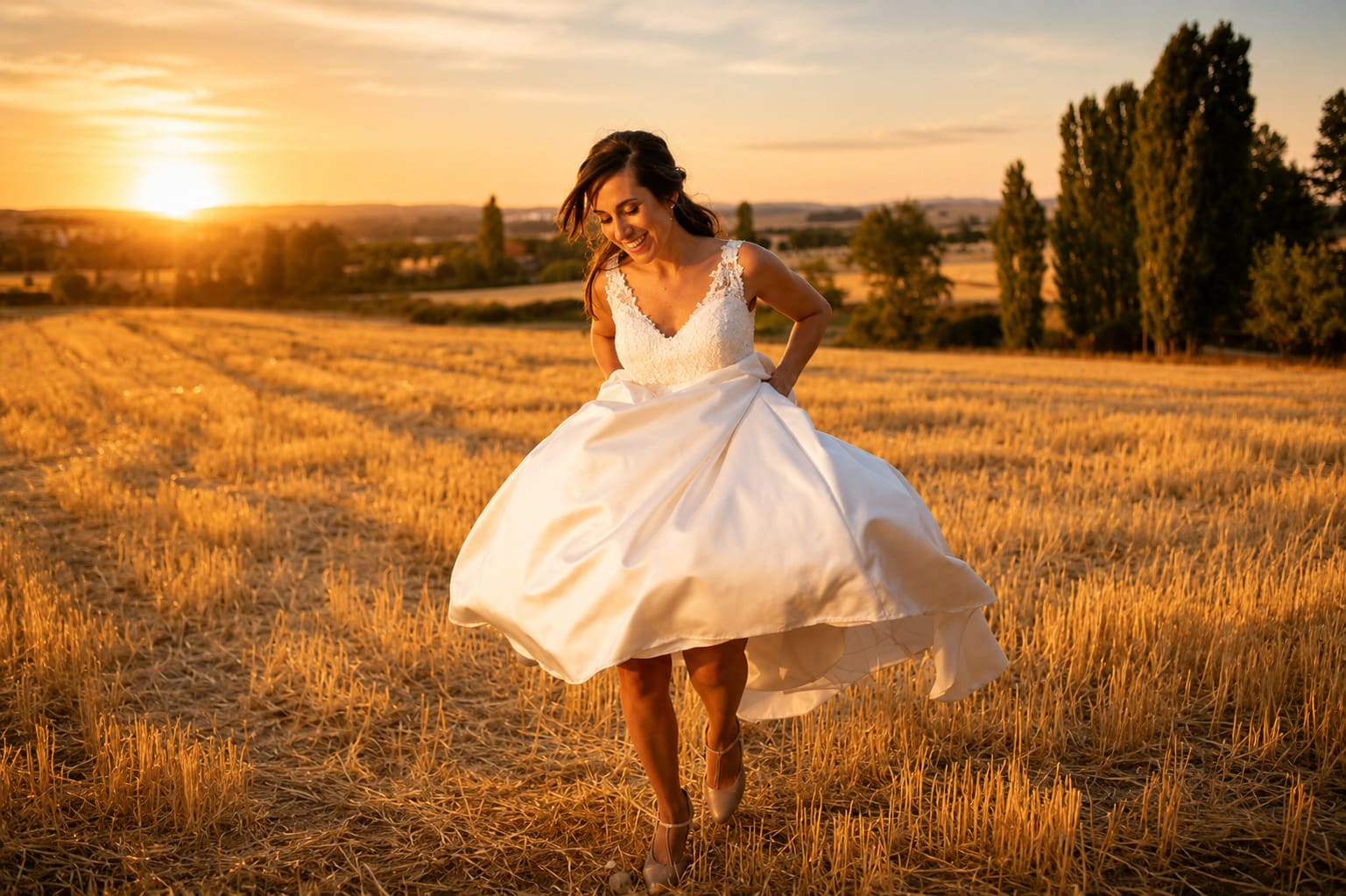 Retrato de novia en puesta de sol