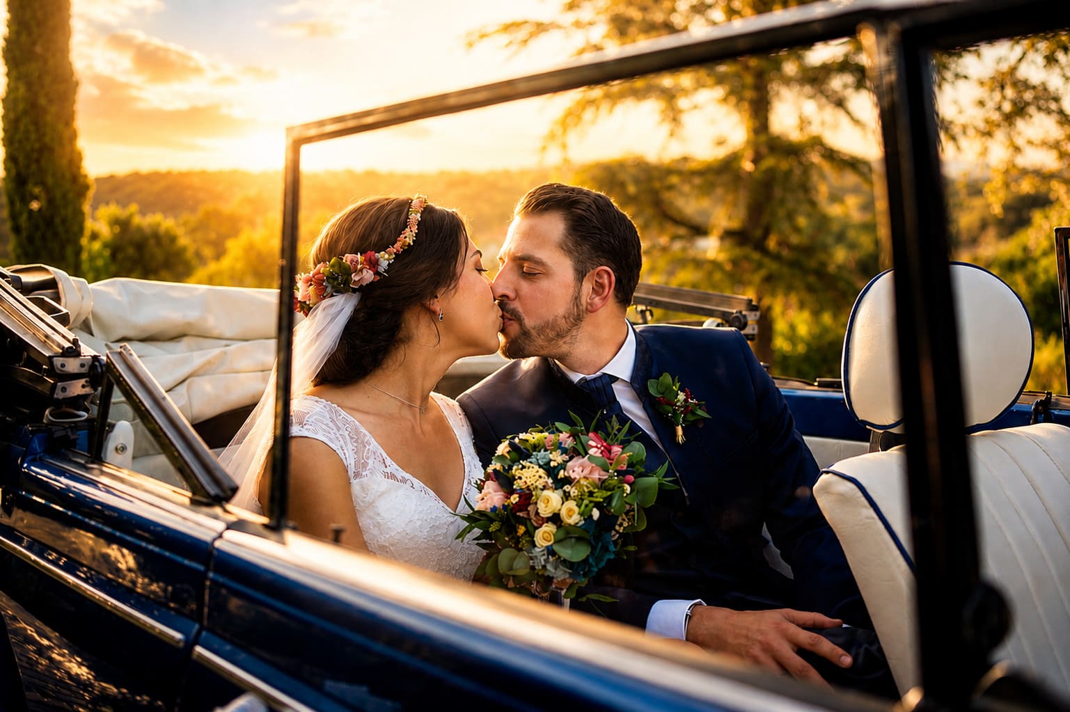 Beso de novios en coche clásico y puesta de sol